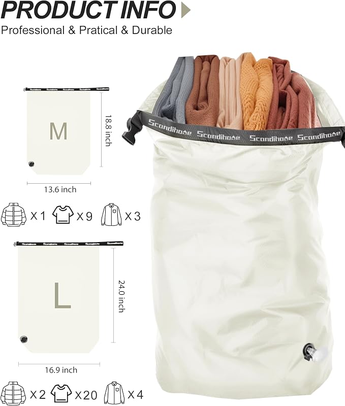 Compression Travel Laundry Bag for Dirty Clothes, Pump-Free Laundry Bag for Suitcase & Dorm, Waterproof Wet Dry Clothes Organizer, Large Capacity Space Saving Travel Bag (1 Pcs)(White, L)