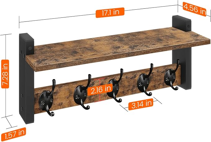 Wall Hooks with Shelf, Wood Coat Rack with Shelf Wall-Mounted, Entryway Hanging Shelves with 5 Metal Hooks for Clothes Hats Towel Purse Robes, Bathroom Mudroom Bedroom, Rustic Brown Black