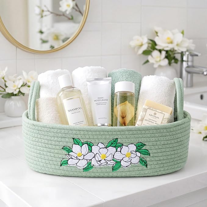 Vesici Magnolia Woven Storage Basket for Toilet Tank Top Boho Cotton Rope Bathroom Countertop Organizer Basket with Handle Green Bathroom Decor for Bedroom Nursery Toys Organizing, 13 x 6 x 4 Inch