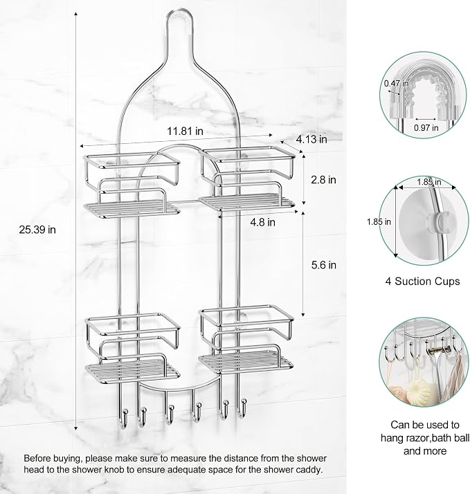 SRIWATANA Shower Caddy Hanging, Shower Organizer with Razor Hooks, Chrome | Rustproof Shower Rack, No Drilling Shelves Over Shower Head, Anti-Swing Scution Install, Bathroom Holder for Sponge Loofah