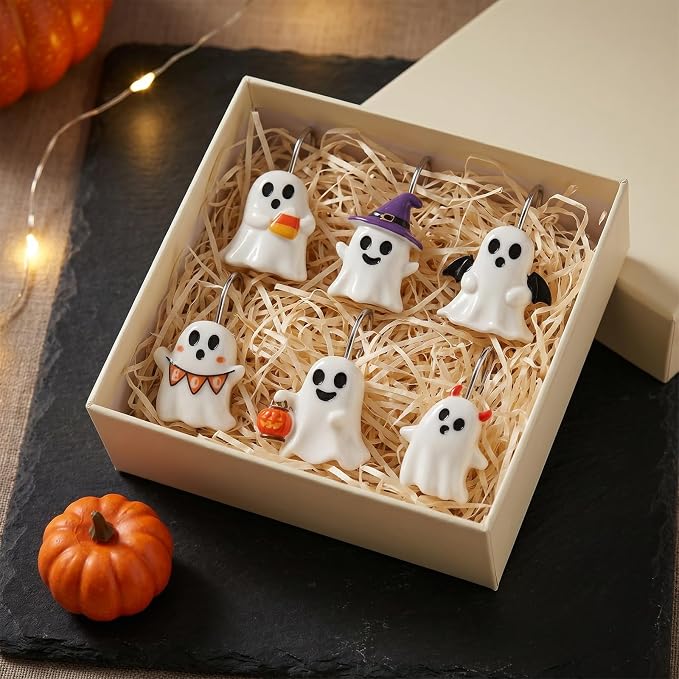 Halloween Shower Curtain Hooks 12 Pcs Ghost Pumpkin Decor Set | Resin Metal Standard Size, Smooth Gliding Rustproof, Bat Skull Spider Cat Designs, Bathroom Festive Home Accents