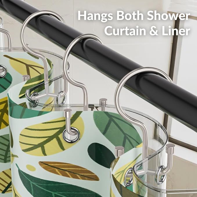 24 Pcs Shower Curtain Hooks, OEH Shower Curtain Rings, Durable Shower Curtain Hooks Rust Proof, Shower Rings for Curtain, Free Sliding Anti-Drop Double Shower Hooks for Shower Curtain Rod, Nickel