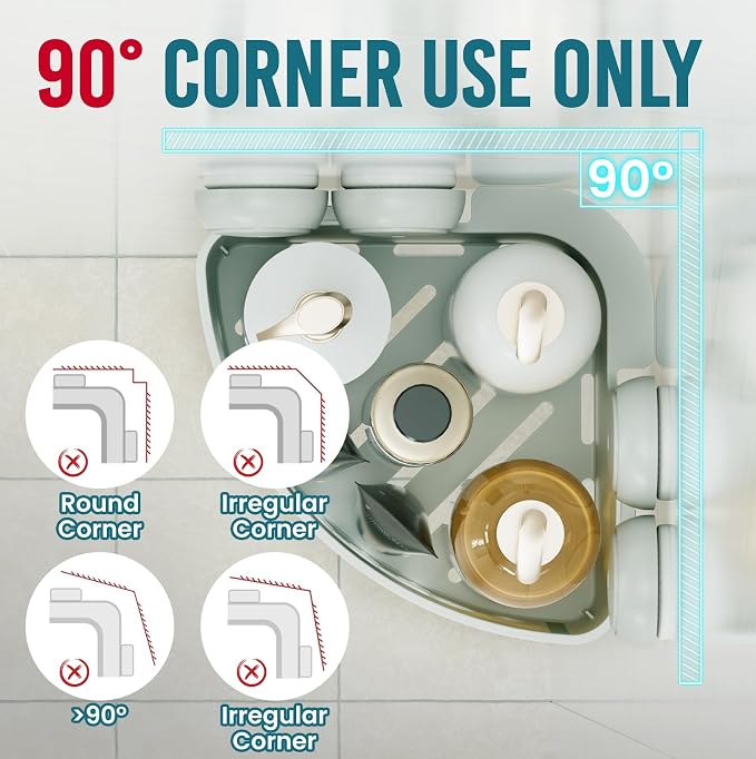 TAILI Corner Shower Caddy with Suction Cups, Wall Organizer Plastic Rack | Small Bathroom Caddy, Removable, Drill-Free, Heavy Duty Shower Shelf, Grey