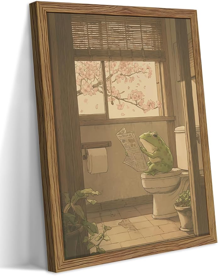 Framed Vintage Funny Bathroom Wall Art, Cute Frog Reading on Toilet Canvas Prints, Whimsical Japanese Style Animal Artwork, Retro Simple Wall Decor for Bathroom Bedroom Restroom 8x10in