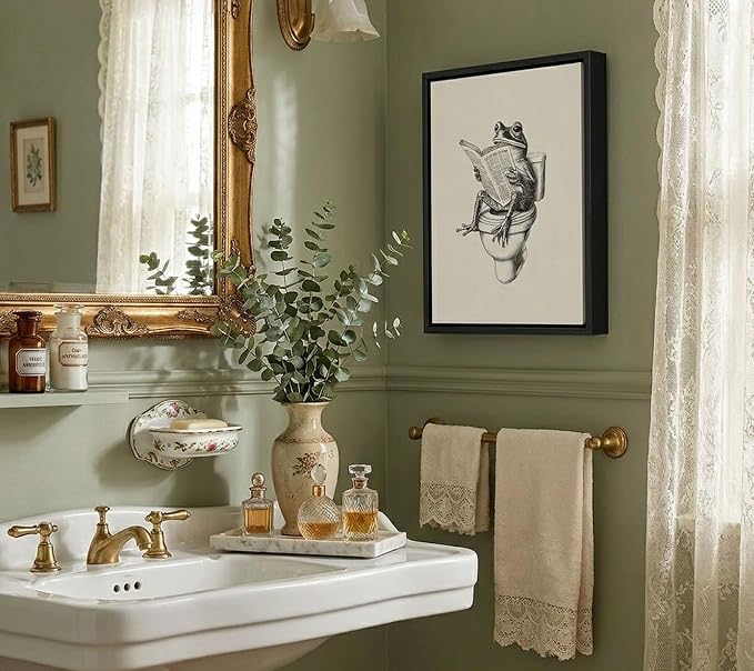 Black Floating Framed Funny Frog Bathroom Canvas Wall Art Humor Animal Painting Picture Wall Decor Frog on Toilet Reading Newspaper Poster Print Artwork for Bathroom Washroom Home Decoration 12x16in