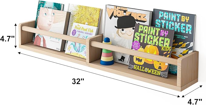 Fixwal Floating Nursery Book Shelves for Wall, 32in, Set of 3, Natural Wood | Solid wood shelves store kids' books, toys and clothing. Fits kids' room, playroom, nursery, living room, bedroom & bathroom.