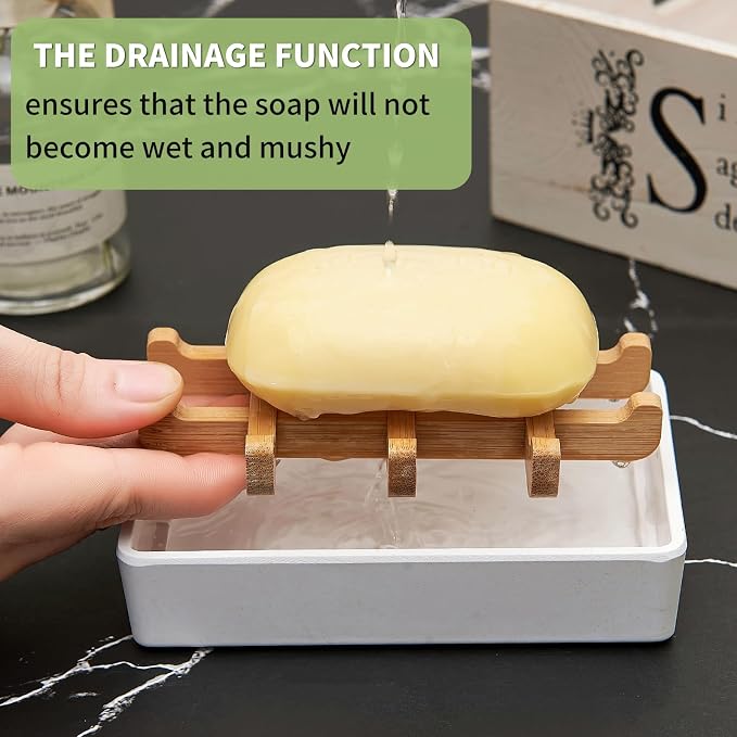 Bamboo Soap Dishes for Shower Wooden Soap Bar Holder for Bathroom Soap Tray Easy to Clean, Durable and with Non-Slip Pads(Single White Square)