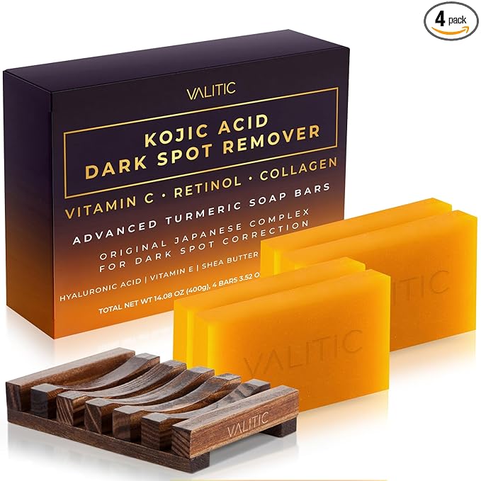 Valitic Kojic Acid Dark Spot Remover Soap Bar with Vitamin C, Retinol, Collagen, Turmeric - Original Japanese Complex - Hyaluronic Acid, Vitamin E, Shea Butter, Castile Oil ( 4 Pack ) With Soap Holder