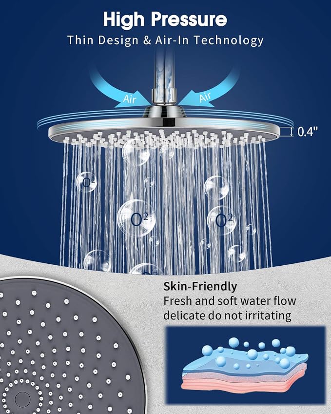 Large Shower Head VMASSTONE 9In High Pressure Showerhead - Tool Free Installation- with Large Spray Surfaces and 200 Nozzles for Delicate and Unstimulate Shower Experience (EM-001 Chrome/Dark Grey)