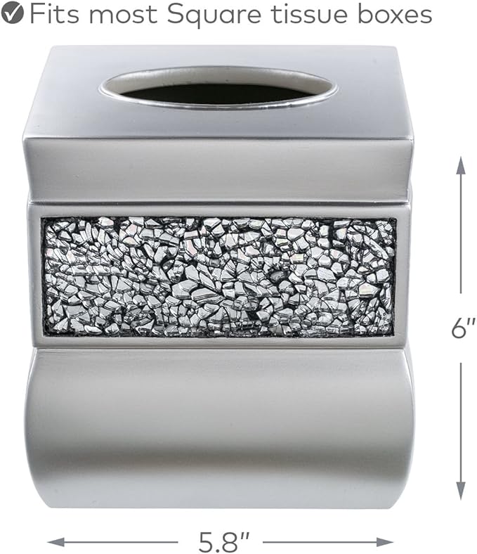 Crackled Glass Silver Square Resin Tissue Box Cover with Bottom Slider