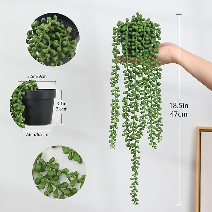 2pcs Fake Hanging Plants Fake Potted String of Pearls Succulent Plants Small Faux Plants for Indoor Outdoor Shelf Wall Decor