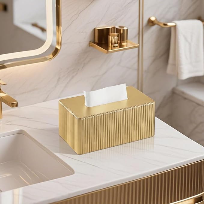 PU Leather Tissue Box Cover Rectangle, Tissue Box Holder Gold | Inner Height 4 Inches, Fits 120/160 Count Tissue Boxes, Non Slip Base, Rectangular Tissue Cover for Bathroom Nightstand