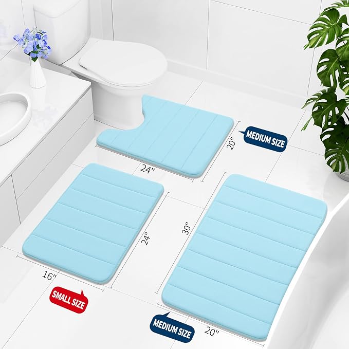 Buganda Memory Foam Bath Mat 47 x 24, Ultra Soft Absorbent Bathroom Rugs | Light Blue, Machine Washable Quick Dry Bath Mats for Bathroom Floor, Shower and Tub, Home Decor Accessories
