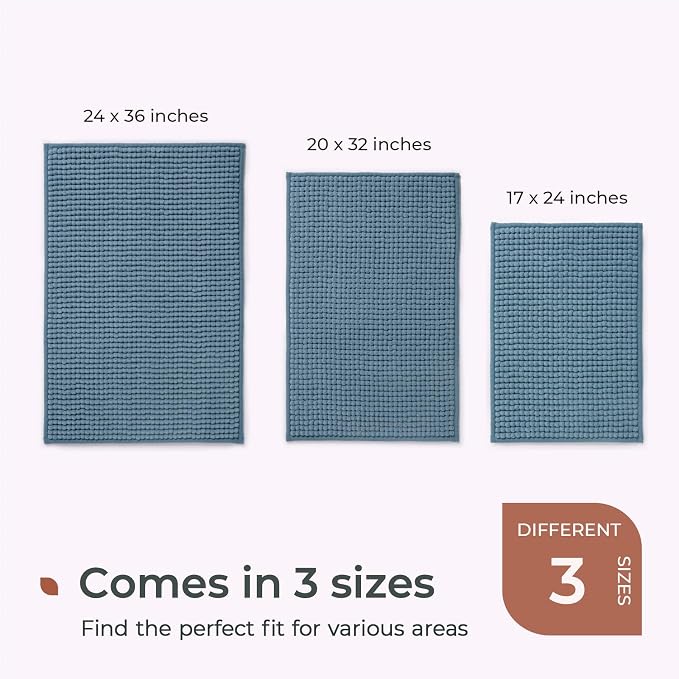 FRESHMINT Thick Chunky Chenille Bathroom Rug, Stone Blue, 24"x36" | Non-Slip Backing, Water Absorbent Surface, Machine Washable Care, Cushioned Comfort, Bathroom Floor Use