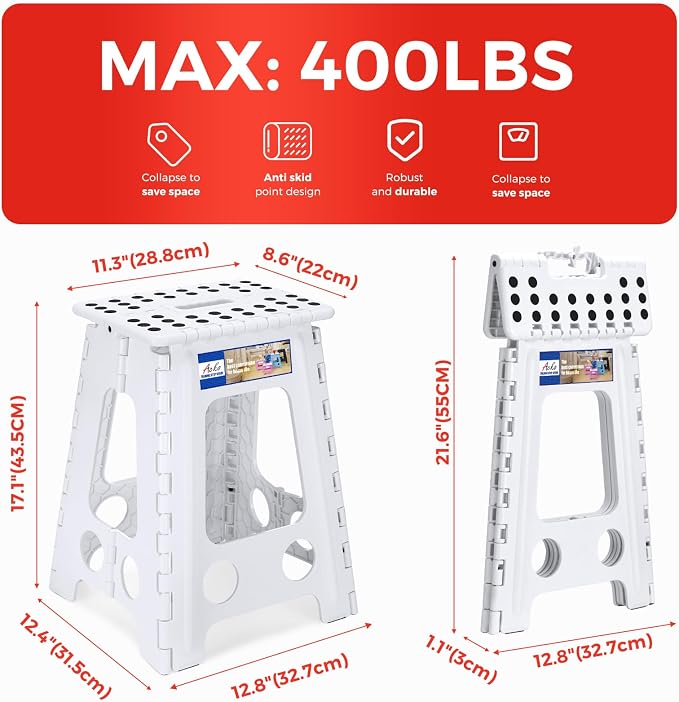ACKO 17.5 Inch Folding Step Stool with Safety Lock, Holds 400 lbs, White | Portable Foldable Stools with Handle, Heavy Duty Collapsible Non-Slip Foot Stool for Adults & Kids, Kitchen Bathroom Outdoor