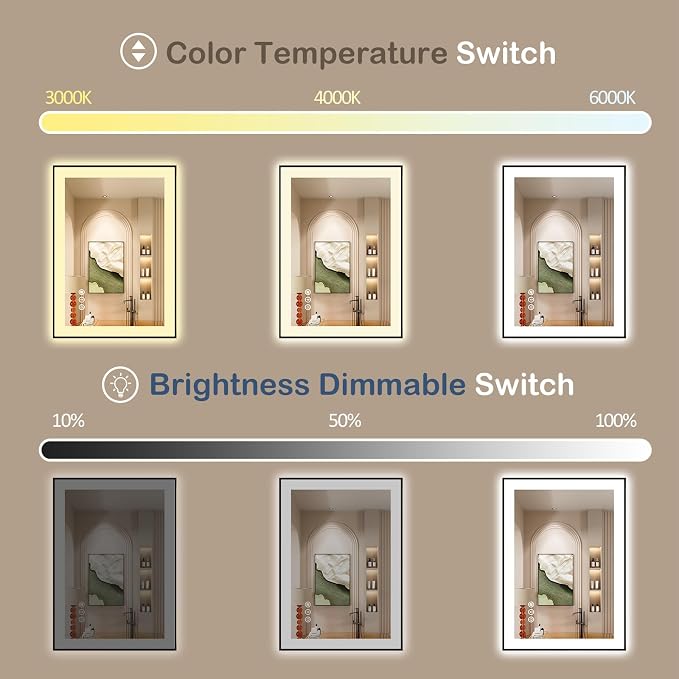 30x36 Inch LED Bathroom Mirror with Black Frame | Black Metal Frame, Front and Backlit, 3 Colors, Dimmable, Memory, Anti Fog, Tempered Glass, Lighted Mirror for Wall