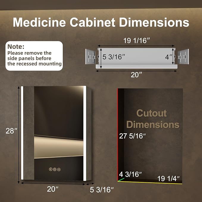 20 x 28 Inch Medicine Cabinet with Mirror and LED Light for Bathroom | Recessed, Wall-Mounted, Dimmable, Anti-Fog, Memory Function, 3 Color Mode, Outlet&USB, Adjustable Shelf, ETL Listed, Aluminum