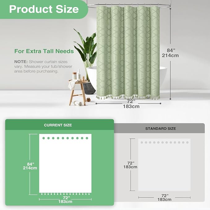 Extra Long Boho Shower Curtain Tufted Geometric 72"x84" Sage Green | 84 Inch Tall, Elegant Tassel, Lightweight Textured Fabric, Water Repellent, Washable, Hotel Spa, for Bathroom/Dorm 12 Hooks