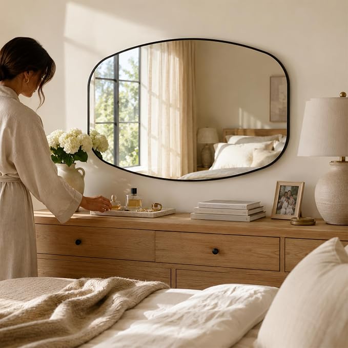 Matte Black Capsule Bathroom Mirror, 24x36 Inch | Aluminum alloy frame, pill-shaped design, tempered glass, two-way mount for dresser and console