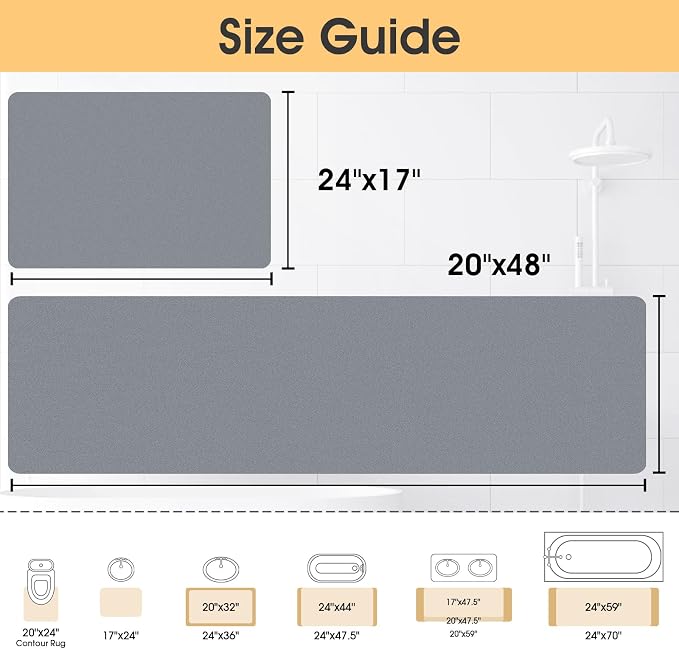 Non Slip Bath Mat, Thin Bathroom Rugs Fit Under Door, Quick Dry Bath Mats, Machine Washable Bath Rugs for Bathroom, Bathtub & Kitchen, Bathtub, Grey/Solid/24 x17+48"x20"