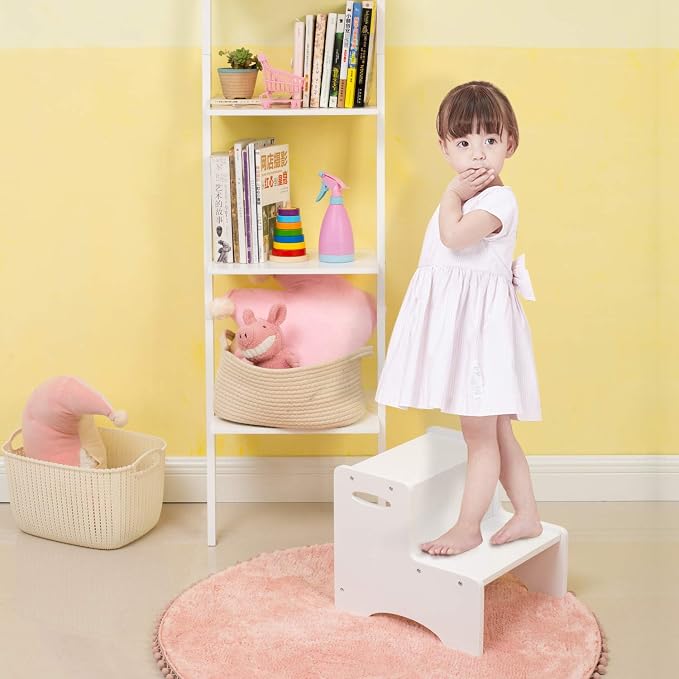 Toddler Step Stool, Wooden 2 Step Stools for Bathroom Sink Potty Training Kitchen Dual Height Stool Helper for Kids Bonus Non-Slip Pads and Handles for Safety (White)