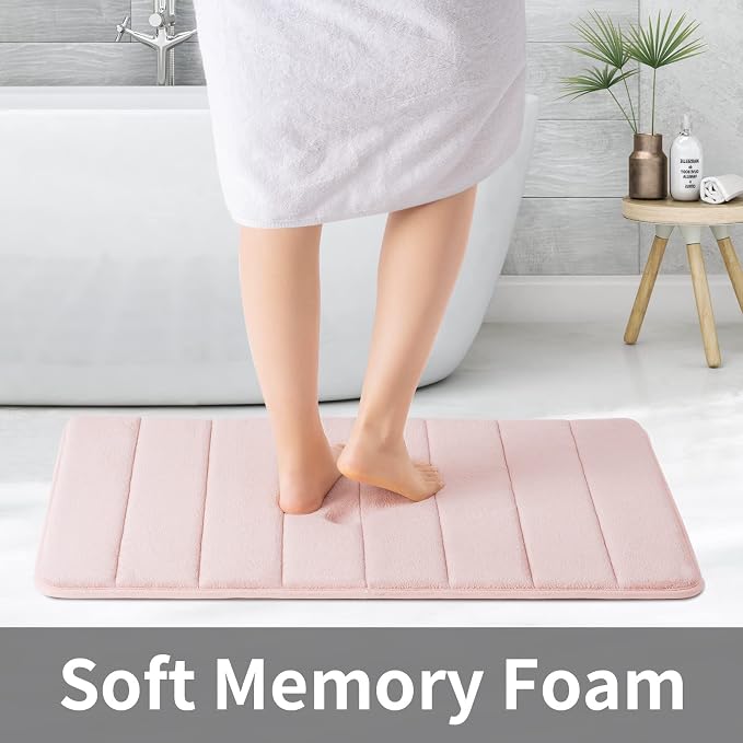ROSMARUS Memory Foam Bath Mat, 17''x24'', Pink | Water Absorbent, Ultra Soft, Non Slip, Thick Foam, Bathroom Rugs for Floor & Tub, Machine Washable Care