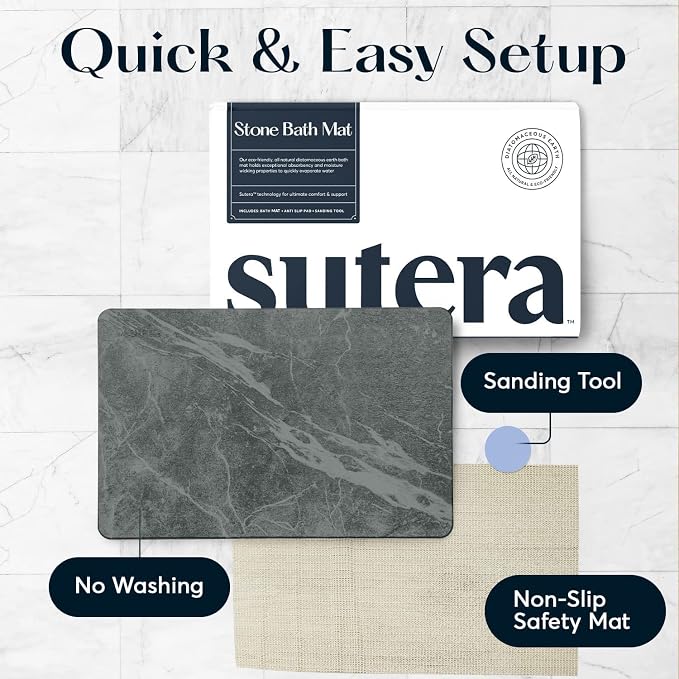 Stone Bath Mat for Bathroom, Dries in Seconds - Diatomaceous Earth, Slate | Super absorbent, quick-drying & easy to clean. Natural material that lasts — restores with light sanding.