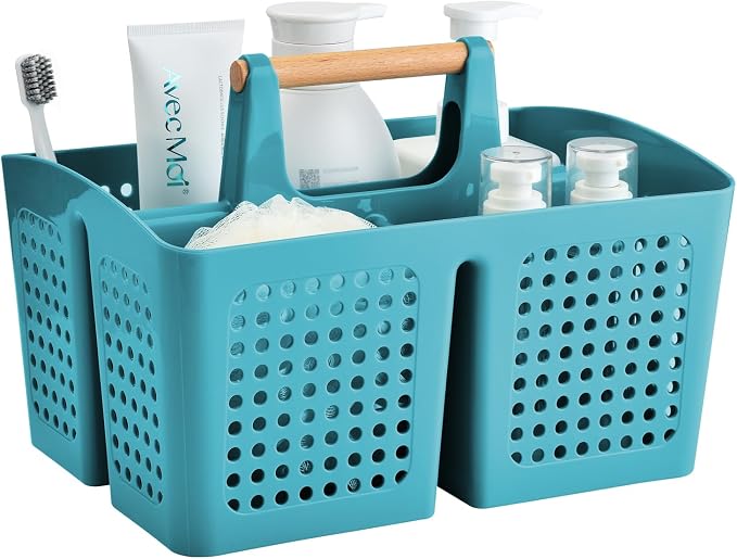 Portable Shower Caddy Basket with 3 Compartments and Handle, Teal | Plastic Divided Toiletry Caddy for Pools, Gyms, Beaches, Campgrounds, RVs, Travel and Shared Bathrooms