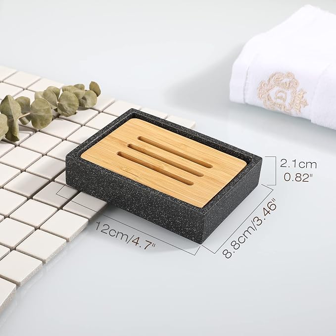 Luxspire Square Soap Dish, Bamboo Resin Drainage Holder, Black | Resin soap holder with wooden texture, Keeps soap dry in shower, bathroom, or kitchen, Simple and functional design