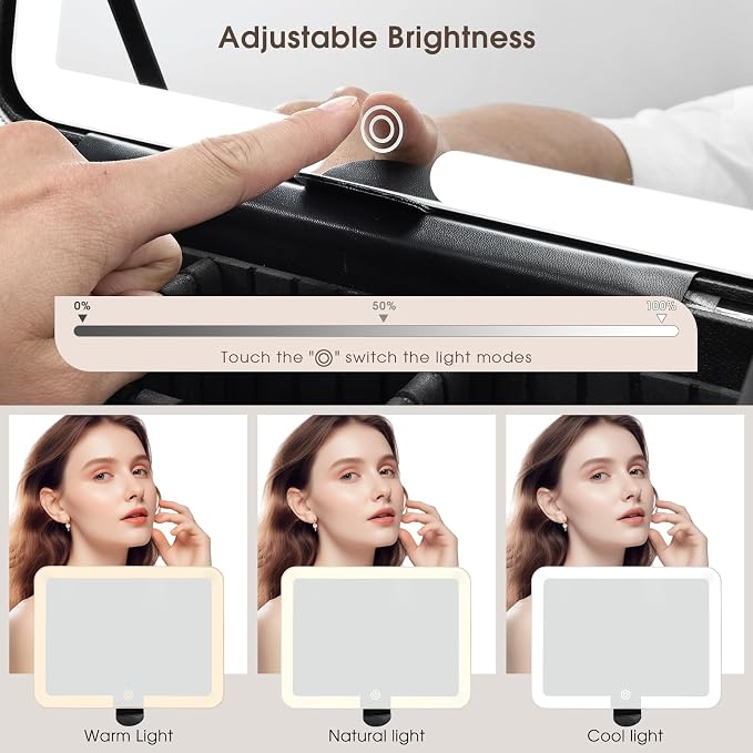Faquenc Leather Makeup Case with LED Lighted Mirror 11.4 Inch Travel Makeup Bag Adjustable Brightness in 3 Colors Cosmetic Organizer Artist Storage Bag with Dividers Brush Holder Bag Vanity Pale Gold