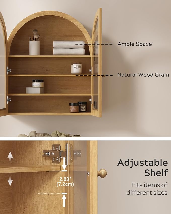 Arched Wall Cabinet, Large Bathroom Medicine Wall Mounted Cupboard, Farmhouse Floating Storage Cabinet with Acrylic Door Adjustable Shelf, Wood Organizer (Natural Oak)