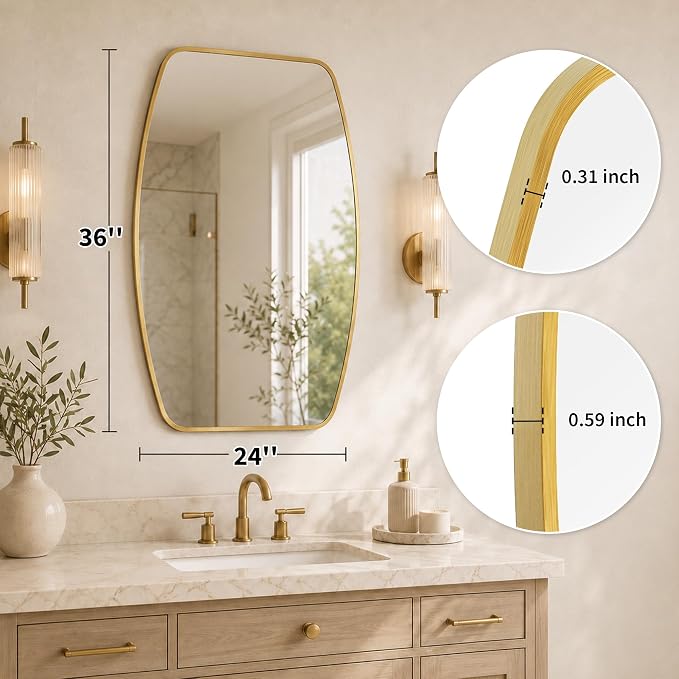 Brushed Gold Curved Rectangle Bathroom Mirror, 24x36 Inch | Aluminum alloy frame, tempered glass, two-way keyhole mount, for bedroom, dresser, hallway