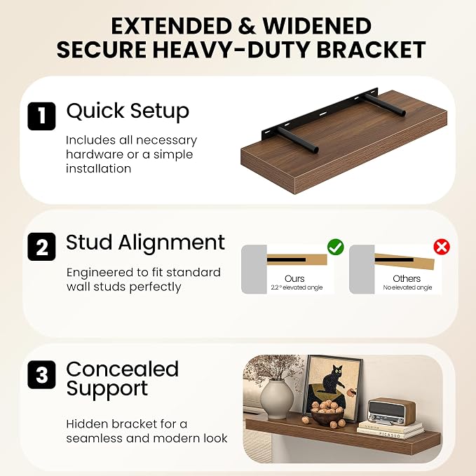 Fun Memories 72 Inch Floating Shelves for Wall 8 Inch Deep Walnut Shelves Set of 2, Wall Mounted Rustic Wood Long Floating Shelf, Large Display & Storage Shelf with Invisible Brackets