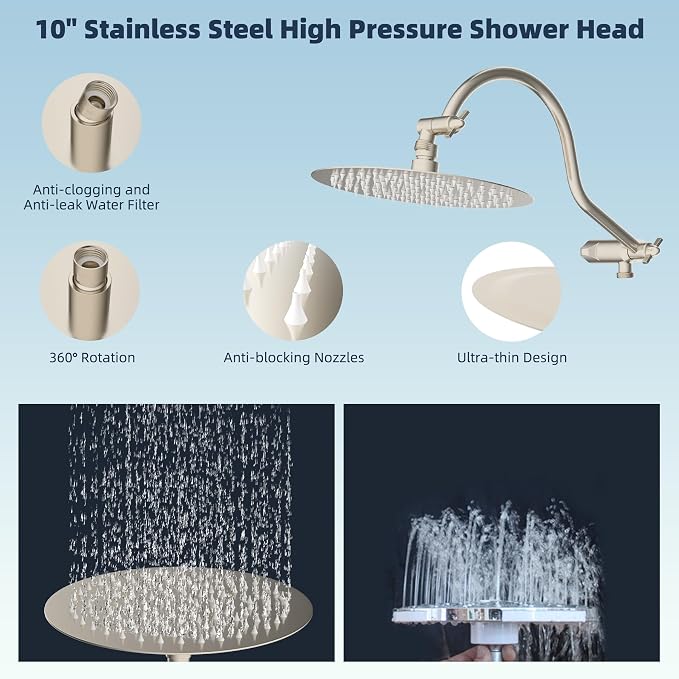 Hibbent All Metal CUPC Certified Shower Head, 10'' High Pressure Rainfall Shower Head, Handheld Showerhead Combo with 12'' Adjustable Extension Arm, 10-Spray, 71'' Hose, Shower Holder, Brushed Nickel