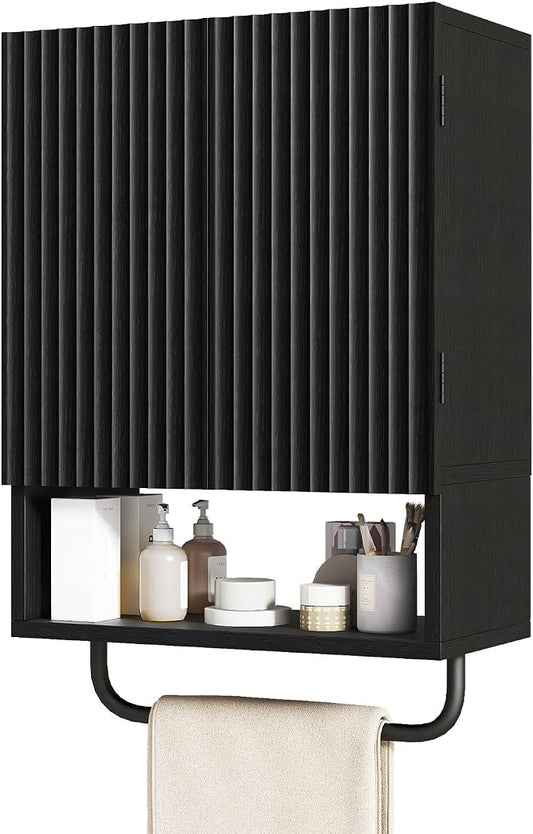 IBUYKE Bathroom Wall Cabinet Over Toilet Cabinet for Bathroom UWBS003B | with Doors and Adjustable Shelf, Towel Bar, Wall Mounted, for Laundry Room & Living Room Kitchen, Black,Modern