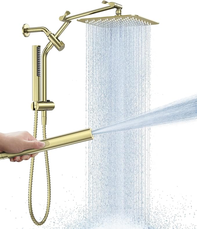 Veken All Metal 10" Luxurious Brushed Gold Rain Shower Head with Handheld | Dual High Pressure Shower Heads,Double Detachable Showerhead, Square Adjustable Rainfall,Bathroom Upgrade,Best Showerheads