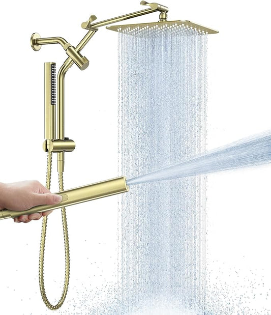 Veken All Metal 10" Luxurious Brushed Gold Rain Shower Head with Handheld | Dual High Pressure Shower Heads,Double Detachable Showerhead, Square Adjustable Rainfall,Bathroom Upgrade,Best Showerheads