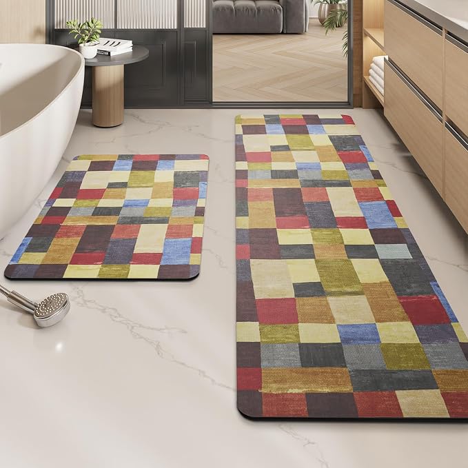 MontVoo -Bath Mat-Non Slip Thin Bathroom Rugs Fit Under Door- Quick Dry Absorbent Faux Suede Surface Grey Bathroom Floor Mats-Shower Rug for in Front of Bathtub Shower Retro Colors Plaid 17x59