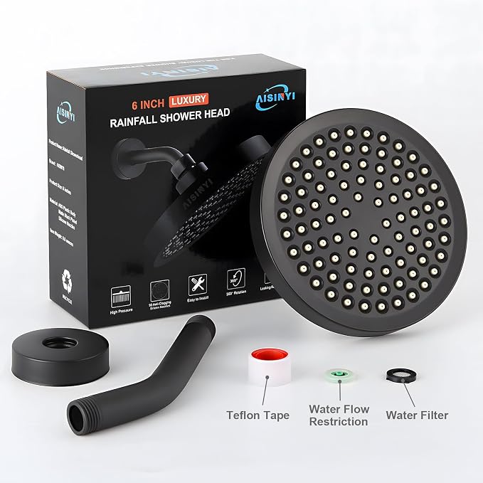 6" Rain Shower Head & 6" Shower Arm, Luxury Matte Black Finish | High Pressure 6 Inch Fixed Showerhead, Adjustable Replacement, 90 Nozzles, Removable Restrictor, Tool-Free Easy to Install