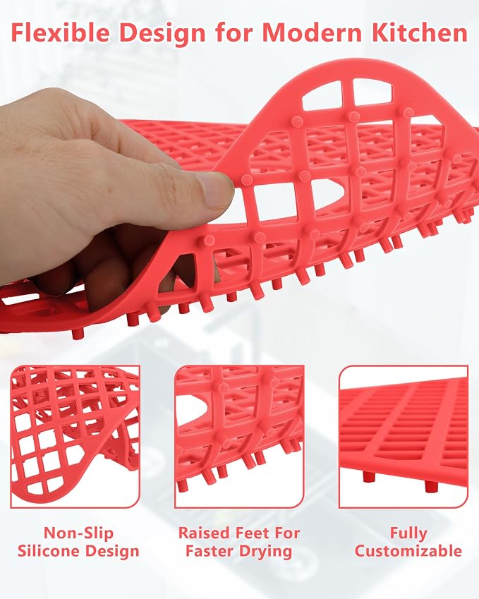 2 Pack Silicone Sink Protectors for Kitchen Sink, Trellis 13x11 Red | Heat-resistant Non-Slip and Durable Silicone Grid Mat, 13-9/16" x 11-5/8" Rear Drain
