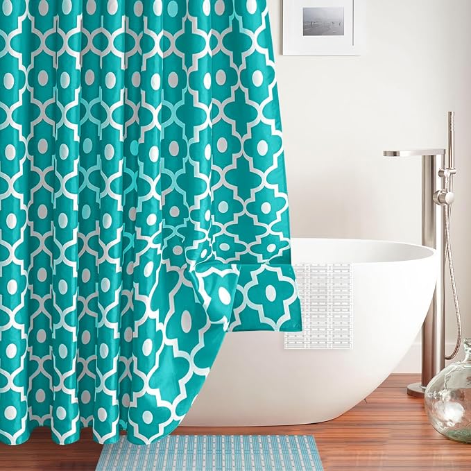 Biscaynebay Extra Long Textured Fabric Shower Curtains 72" W x 84" L, Turquoise Morocco Pearl Printed Hotel Spa Luxury Decorative Bathroom Curtain Machine Washable