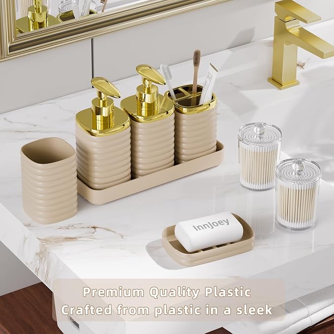 Bathroom Set - 10PC Bathroom Accessory Set, Beige Bathroom Set, Luxury Bathroom Accessories Set, Trash Can, Toilet Brush, Soap Dish, Qtip Holder & Soap Dispenser