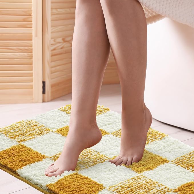 CozeCube Harvest Gold Checkered Bath Mat 47"x24" Non Slip Washable Rug | For Bathroom Non Slip, Fluffy Absorbent Microfiber Bath Mats Machine Wash, Stylish Long Aesthetic Bathroom Rugs