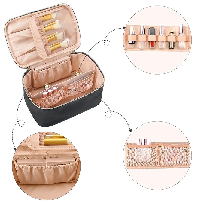 Makeup Bag, Portable Cosmetic Bag Black Make up Case Toiletry Bag | Large Capacity Travel Makeup Case Organizer for Women Toiletry Bag for Girls Traveling With Handle and Divider