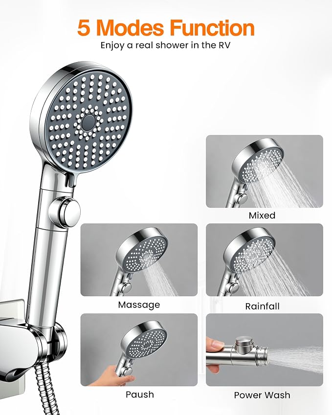 RV Shower Head with Hose, High Pressure Handheld RV Shower Head Replacement with On Off Switch,5 Modes,Power Jet, Camper Showerhead for RV, Travel Trailer, Motorhome,Boat,Silver