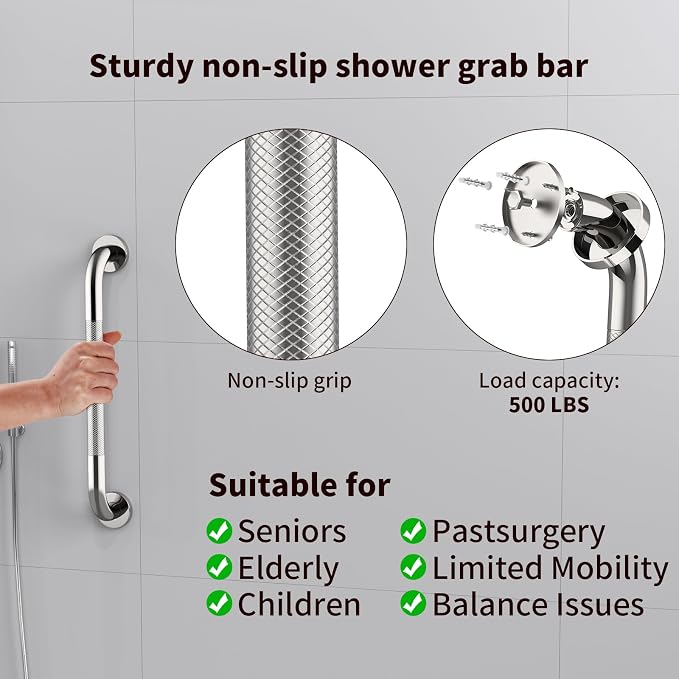 ZUEXT 2 Pack 32 Inch Chrome Anti Slip Shower Grab Bar with Knurled Grip | Bathroom Balance Support Rail, Assist Handle for Handicap Seniors, Wall Mount Stainless Steel Bath Safety Handrail, 1.25" Dia