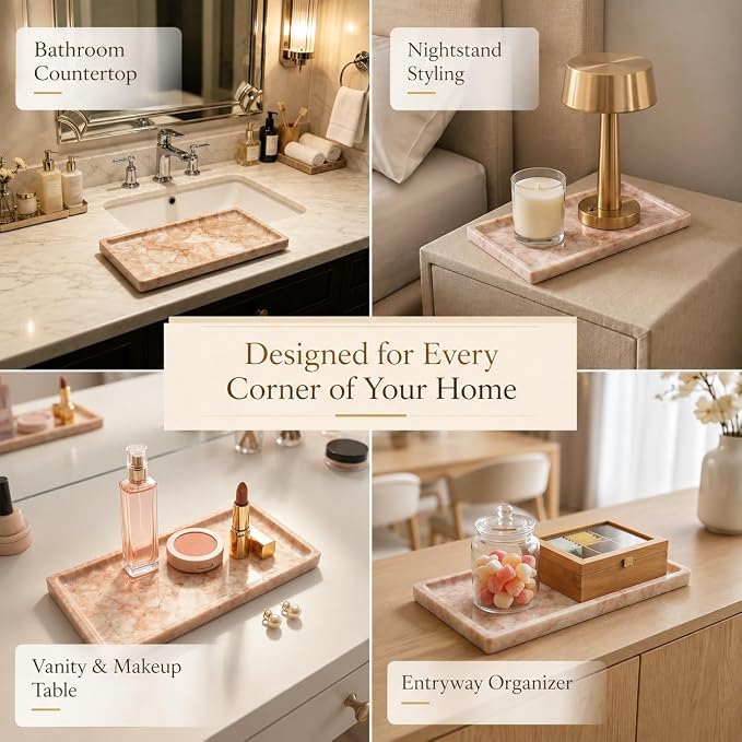 Pink Marble Tray for Vanity, Slim Natural Stone Decorative Tray for Bathroom, Perfume Organizer, Jewelry Dish, Kitchen & Entryway Countertop Decor, Small Rectangle Tray