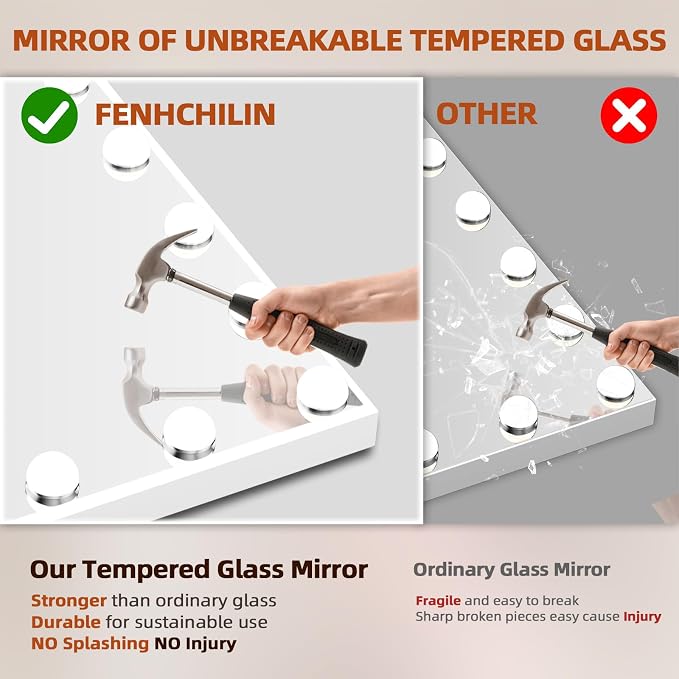 FENCHILIN Vanity Mirror with Lights 32''x23'' Tempered Glass Large Hollywood Mirror with 18 Dimmable Bulbs for Makeup Table/Hanging Bluetooth Speaker Mirror with Touch Screen & USB Charge Port