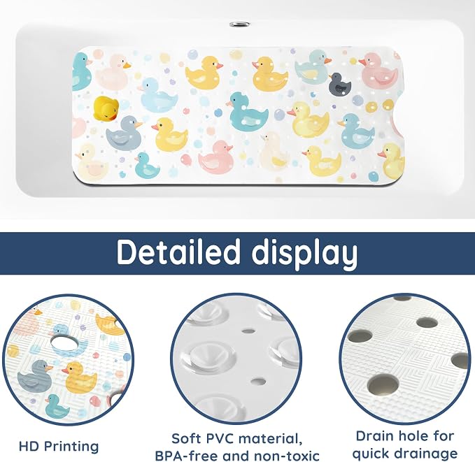 LNOND Bath Mat for Tub for Kids, Toddler Bathtub mat Non Slip, Colourful Cartoon Duck Kids Bath Mats for Bathroom Non Slip with Drain Holes and Suction Cups,Machine Washable (40 X 16 Inch)