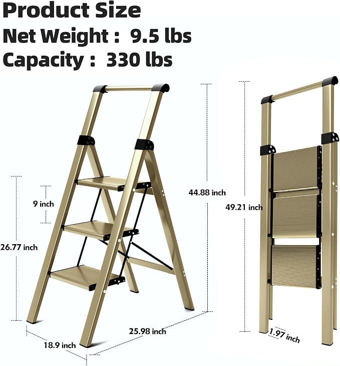 HillhutApex Aluminum 3 Step Ladder, Step Stool Foldable Ladder(Gold) | Stepladder with Handgrip,Anti-Slip Pedals,330lbs Capacity,Lightweight Folding Ladder for Home,Office,Libaray